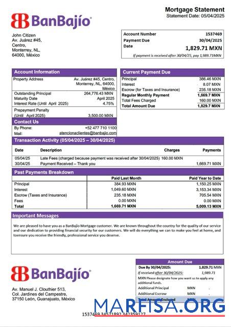 Realistic Mexico BanBajío mortgage statement Word and PDF template